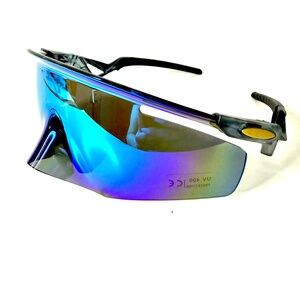 Wraparound shield visor ski sunglasses blue mirrored men hiking running